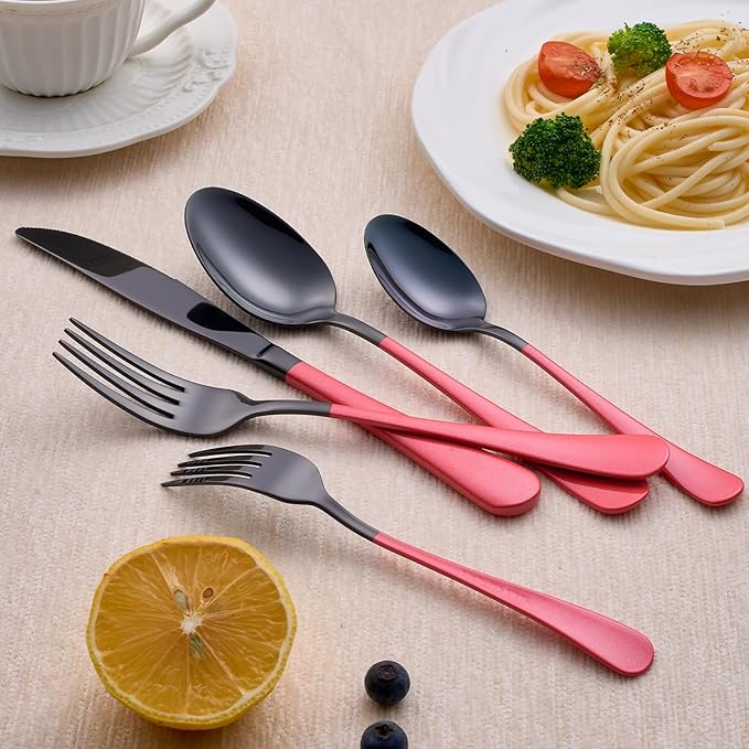 20-Piece Black Silverware Set 18/0 Stainless Steel Silverware Set Pink Handle Cutlery Set Service for 4 Dinner Knives Forks Spoons Set Flatware Set Finish Dishwasher Safe（Black and Pink）