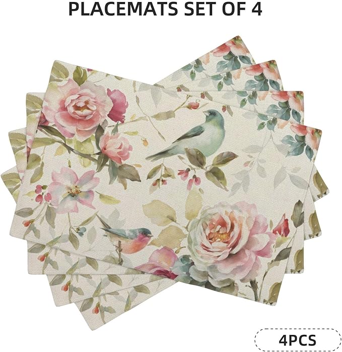 Floral Placemats Set of 4 Vintage Watercolor Bird Flower Decor Place Mats 12x18 Inch Spring Summer Seasonal Decorative Linen Table Mats for Home Kitchen Dining Party Table Decoration