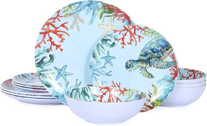 12-Piece Melamine Turtle Dinnerware Set, Ocean Plates and Bowls Sets, Indoor Outdoor Dish Sets for 4, Unbreakable Lightweight Tableware Set - Turtle