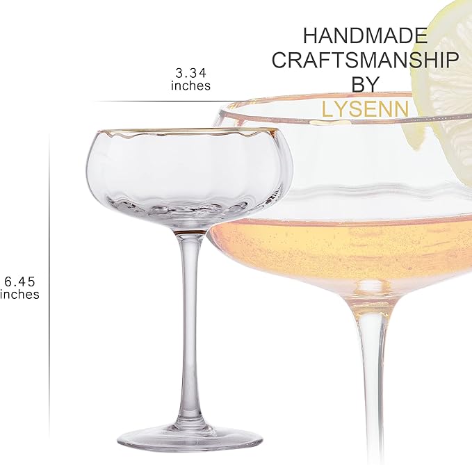 Lysenn Vintage Coupe Glasses Set of 4 - Hand Blown Gold Rim Martini Glasses - for Your Next Cocktail & Champagne Party - 9fl oz
