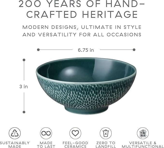 Denby - Carved Green Cereal Bowls Set of 4-6.75 Inch - Dishwasher Microwave Oven Safe - Uniquely Textured Porcelain Cereal Bowls - Scratch Chip Resistant