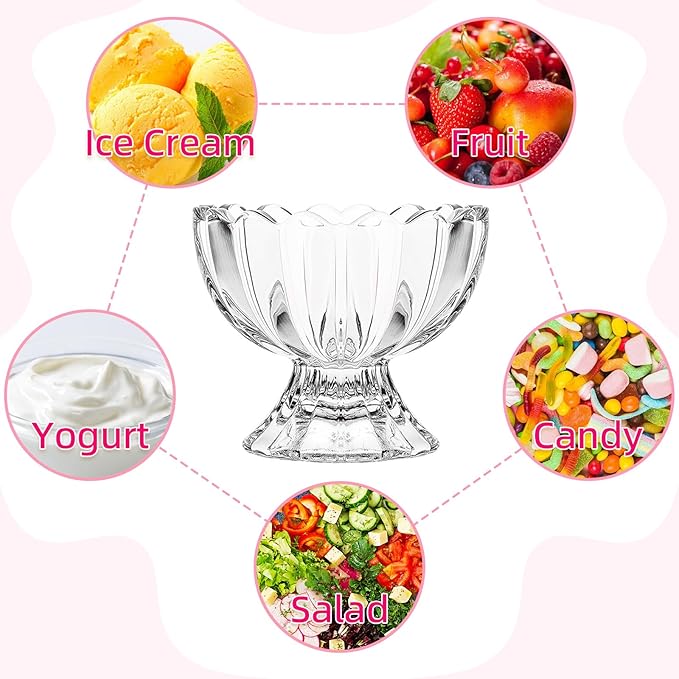 5oz Vintage Glass Dessert Bowls Set of 2, Heavy Base Ice Cream Cups for Sundae, Fruit, Pudding, Snacks & Condiments