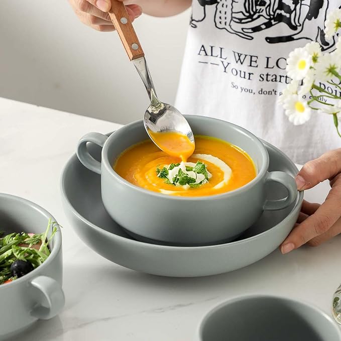 Soup Bowls, 22 oz French Onion Soup Bowls with Handles, Stackable Ceramic Bowls Set of 4, Dinner Bowls for Chili, Beef Stew, Soup, Cereal, Oven Microwave Dishwasher Safe, Matte Gray