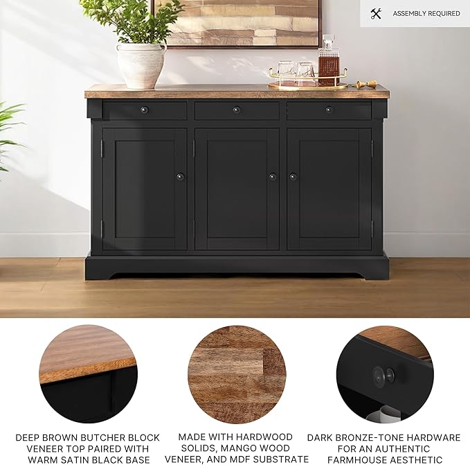 Signature Design by Ashley Wildenauer Farmhouse Dining Buffet with Drawers and Adjustable Shelves, Light Brown & Black