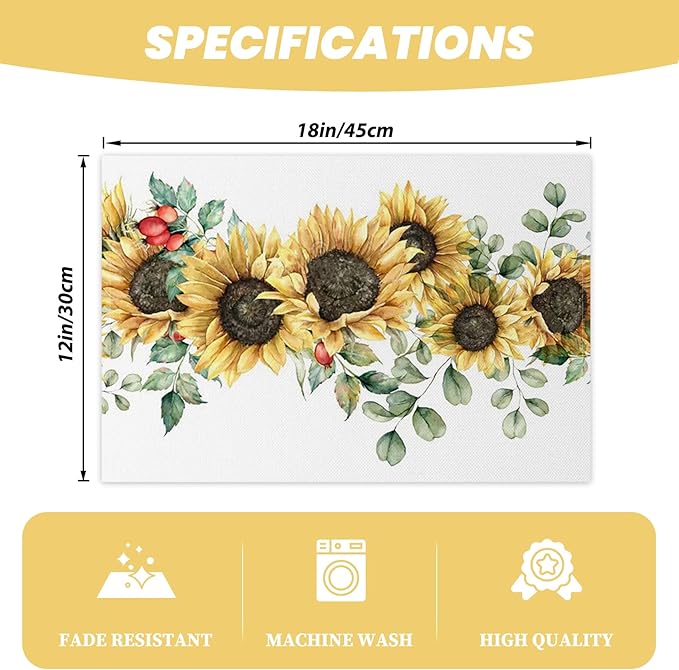 AOFOTO Sunflower Printed Placemats Set of 4 Spring Yellow Floral Leaves Fruit Printed Place Mats Washable Rectangular Table Mats for Party Home Kitchen Restaurant Dining Table Decor 12x18 Inch