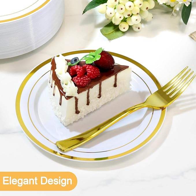 200 PCS Gold Plastic Plates Disposable, White and Gold Plastic Plates Include 100 Dinner Plate and 100 Dessert Plate Perfect for Holiday, Party & Wedding
