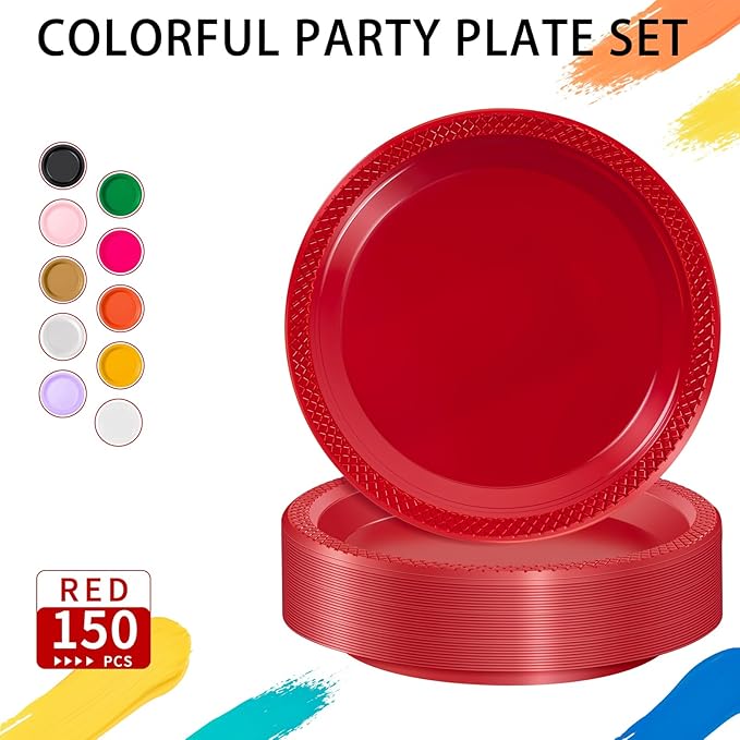 WELLIFE 7 Inch Red Dessert Plates 150 Count, Red Plastic Disposable Party Plates for Dessert Cake Appetizers Salad Easter Mother's Day