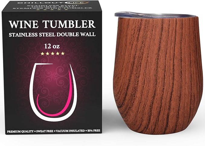 CHILLOUT LIFE 12 oz Stainless Steel Wine Tumbler with Lid - Double Wall Vacuum Insulated Wine Cup Glass Keeping Cold & Hot for Coffee, Champagne, Cocktails, Ice Cream - Wood