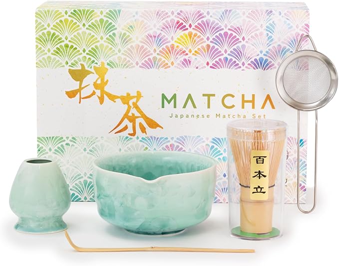 Matcha Set | Japanese Matcha Tea Set with Crystal-Glazed Ceramic Spout Bowl | Bamboo Whisk & Holder, Scoop and Stainless Sifter | 5-Piece Matcha Kit |「Crystal Shell Green」