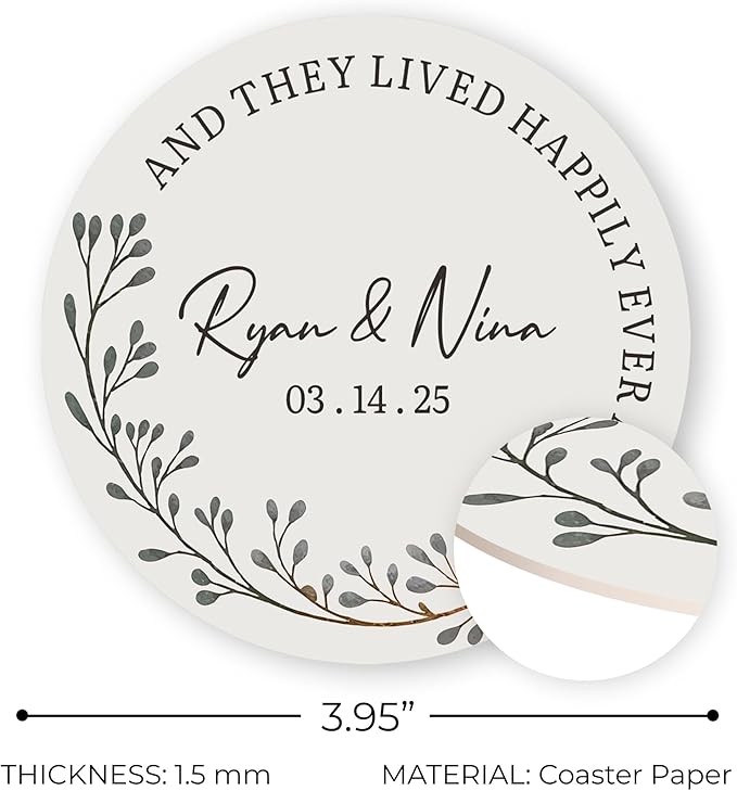 100 Pack Personalized Wedding Coasters, Custom Cardboard Coasters for Drinks with Photo Print and Text, Keepsake Wedding Favors and Gifts for Couples, 3.95" Round (Design 2)