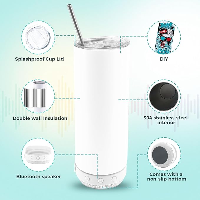 20oz sublimation Music Speaker Tumbler Blank Bulk white with Glow Green 1pack,Straight music mug with straw, lid, straw brush,Reusable Travel Coffee Mug For Men and Women