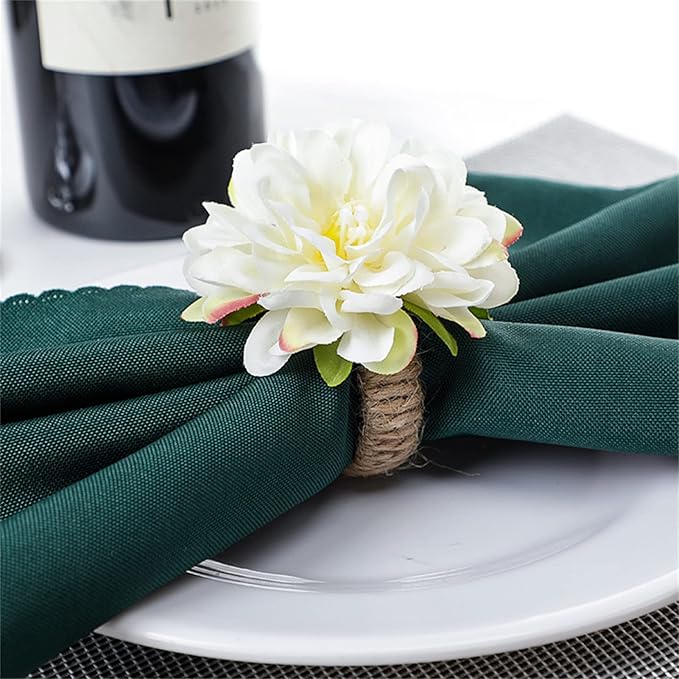 White Floral Napkin Rings Set of 6,Rustic Rose Napkin Rings Flower Dinner Napkin Holder for Table Decoration