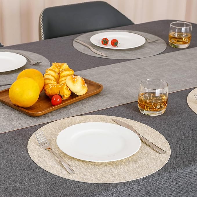 Myir JUN Reversible Vinyl Round Placemats Set of 6, Faux Leather Place Mats Dual Sided Waterproof Wipeable, Heat-Resistant Table Mats for Kitchen Dining Indoor Outdoor (14", Light Gray Cream-White)