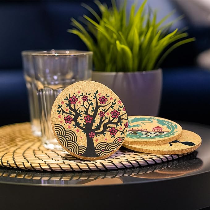 Coasters for Drinks with Holder Set of 6, Japanese Cork Coasters Absorbent Animation for Office Desk Cup Table Coaster Kitchen Decor Inspired House Warming Gifts for New Home Couples, Round 4"