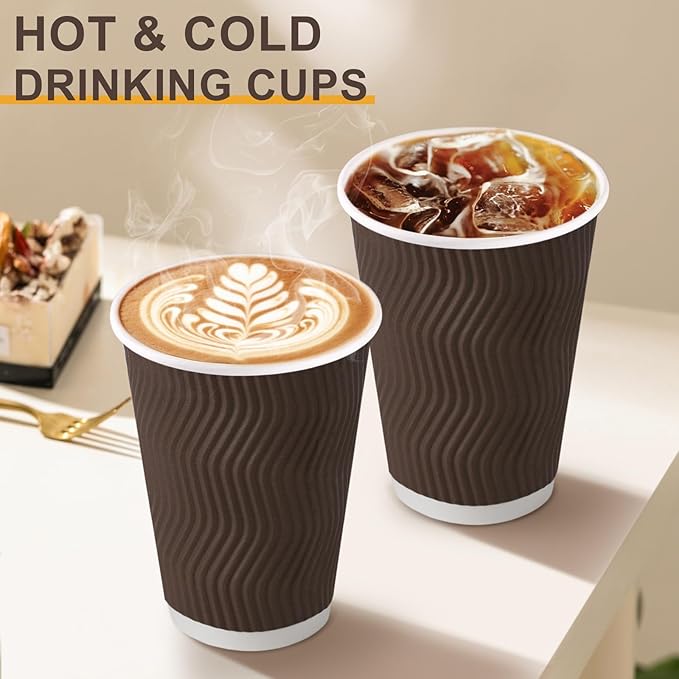 150 Pack 8 oz Coffee Cups, Disposable Corrugated Insulated Ripple Wall Paper Coffee Cups 8 OZ for Hot or Cold Drinks Office Home Cafe Party Travel (Brown)