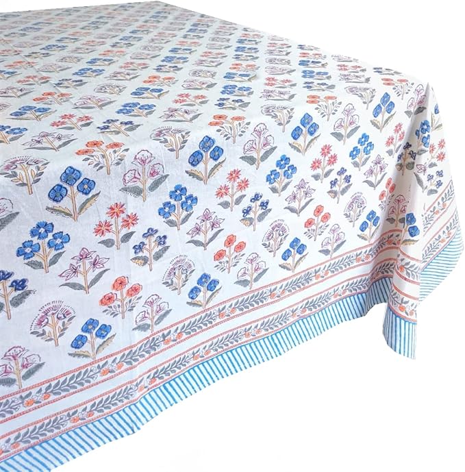 ATOSII Flora Bloom 100% Cotton Square Boho Fall Tablecloth, Handblock Floral Table Cloth Linen for Kitchen Dining I Parties Wedding Outdoors Christmas Thanksgiving I Fall Home Decor 60 X 60 Inches