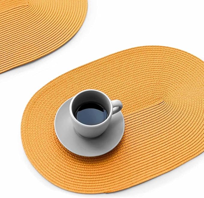 FunWheat Oval Braided Placemats Set of 6 Table Mats for Dining Tables Washable Heat Resistant Place Mats for Indoor Outdoor Use 12 x18 Inch(Oval Pumpkin, 6pcs)