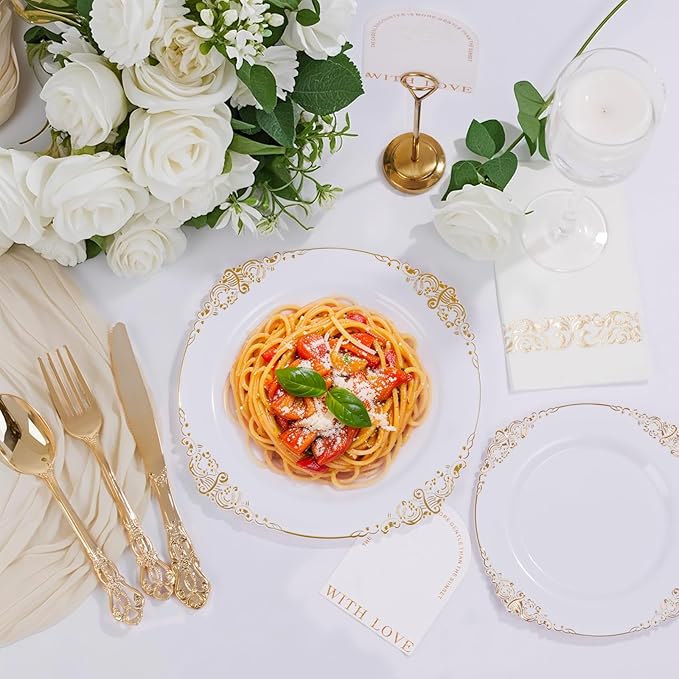 Ciaell 300PCS White and Gold Plastic Plates - Gold Disposable Dinnerware Sets for 50 Guests - 100 Plates, 50 Knives, 50 Forks, 50 Spoons, and 50 Napkins for Wedding, Anniversary, Party