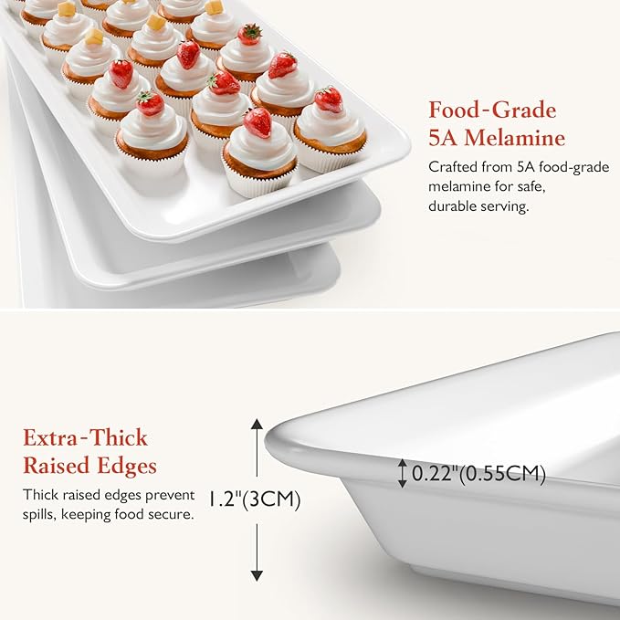 Extra Large Serving Tray Melamine Plastic for Party Supplies, 17" x 8.6" Platters for Serving Food, 3 pcs White Reusable Tray for Veggie, Snack, Fruit, Cookies, Desserts in Kitchen/Pantry Organization