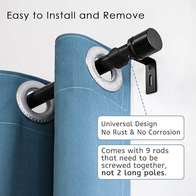Curtain Rods for Windows 16 to 144 Inches Adjustable Length 1 Inch Diameter Window Curtain Rod with Aluminium Finials, Black