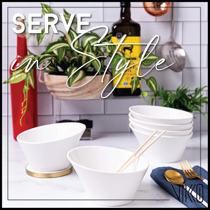 Vikko White Pasta Bowls, Set of 4 Ceramic Salad Bowls, Large 18 Ounce Elegant White Soup Bowls for Everyday and Special Occasions, Elegant Sloped Design, Dishwasher Safe, Microwave Safe