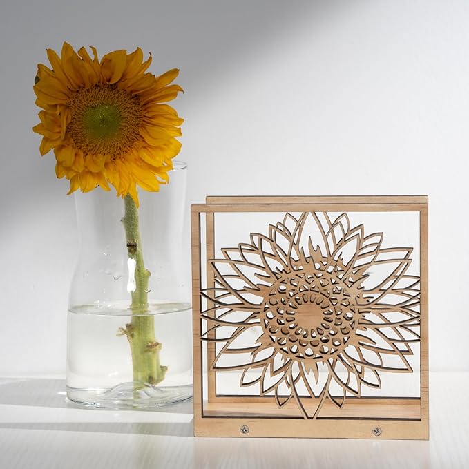 Handmade Sunflower Wood Napkin Holder for Farmhouse Rustic Decor - Laser Cut Farmhouse Table Kitchen Dispenser - Great Gift for Mother's Day or Leo Zodiac Birthday