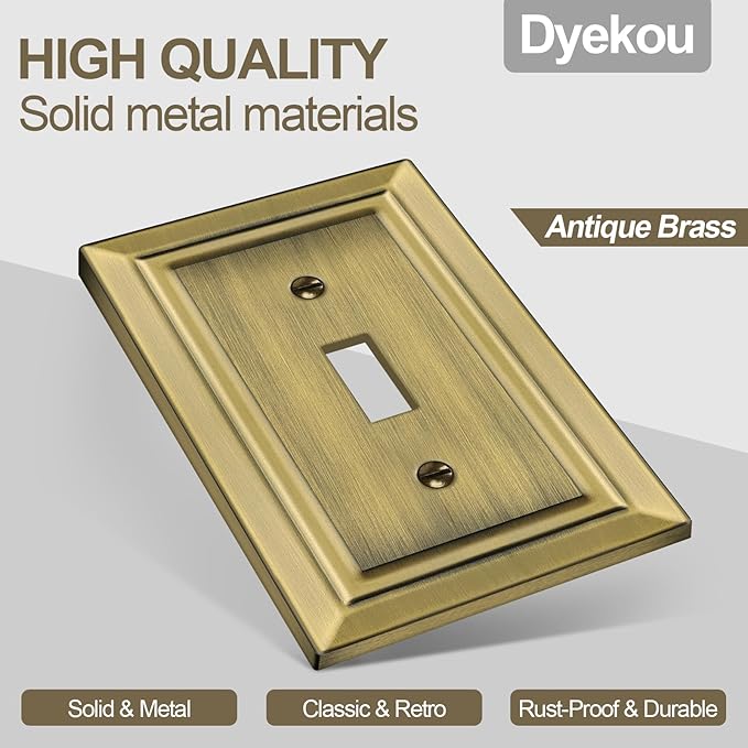 Metal Wall Plate for Electrical Outlets, Decorative Antique Brass Switch Plates Outlet Cover, Light Switch Cover Plate, 1-Gang Wall Plates (Single Toggle, 6 Pack)