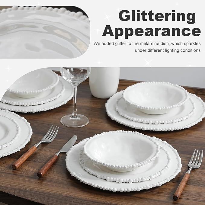 White Pearl Melamine Dinnerware Set, 12-Piece Plastic Dinner Dishes Set, Service for 4 Unbreakable Kitchen Plates and Bowls Set
