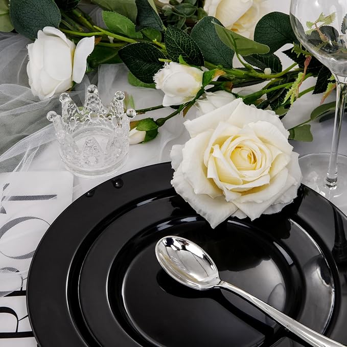 FLOWERCAT 100PCS Black Plastic Plates - Heavy Duty Black Disposable Plates for Birthday Party/Wedding/Father's Day- serve 50guests 10 inch and 7 inch Set