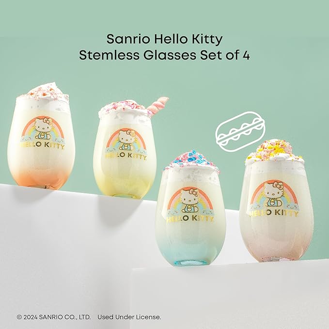JoyJolt Hello Kitty Sweet Rainbow Stemless Drinking Glasses Set of 4, 19oz Glass Cups, Kawaii Kitchen Glassware Sets, Sanrio Hello Kitty Merch, Teardrop Tumblers for Water, Juice, Coffee, Iced Tea