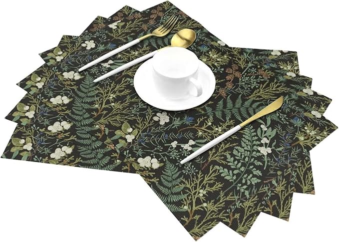 Botanical Print Floral Placemats Set of 4 Black Sage Green Spring Flower Plant Wipeable Table Mats Reusable Washable PVC Rectangle Place Mats for Kitchen Dining Home Decor 12x18 Inches