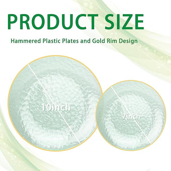 DaYammi 100PCS Green and Gold Plastic Plates - 10 inch Clear Green Gold Dinner Plates - Hammer Pattern Design - Fancy Disposable Platos - Heavy-Duty Party Platos Ideal for Wedding