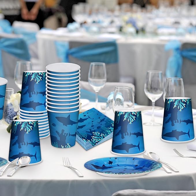 200 Pieces Party Supplies Tableware Set Patterns Printed Plates Napkins Cups Table Decorations for Baby Shower Birthday Party (Sea Style)