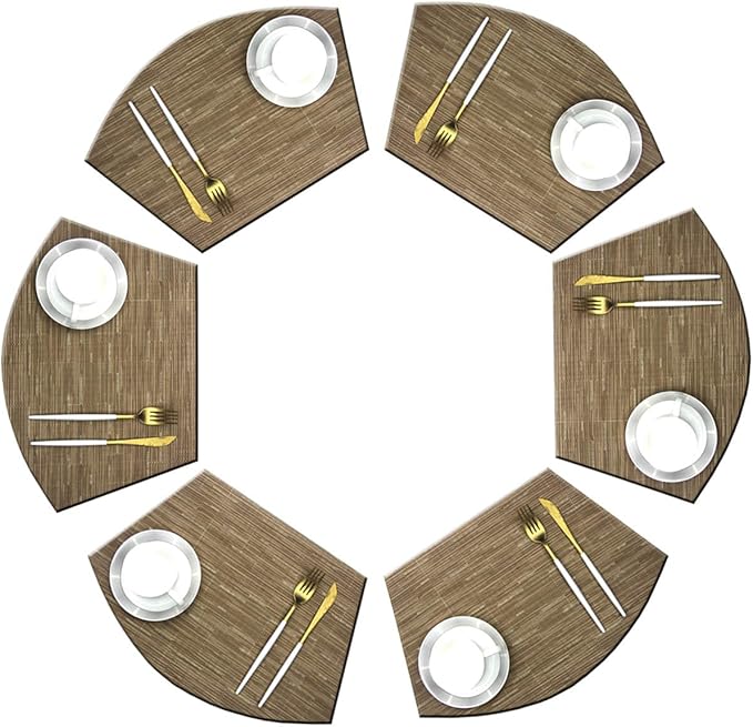 Wedge Shape Placemats for Round Dinner Table Woven Vinyl Wipe Clean Non Slip Plastic Table Mats Set of 6（Khaki）
