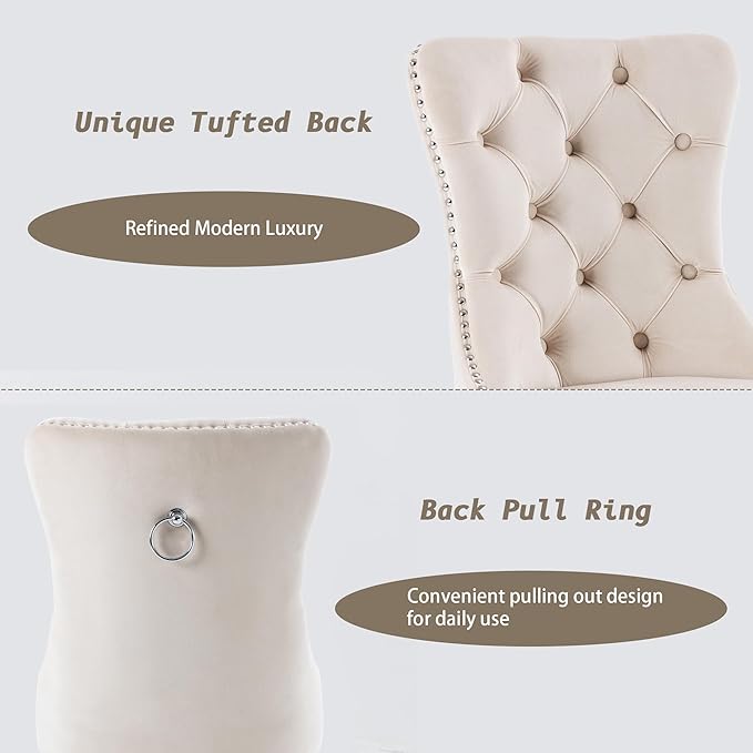 KCC Velvet Dining Chairs Set of 6, Upholstered High-end Tufted Dining Room Chair with Nailhead Back Ring Pull Trim Stainless Steel Legs, Contemporary Nikki Collection Modern Style for Kitchen, Beige