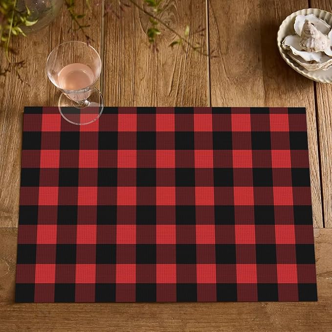 Artoid Mode Buffalo Plaid Vinyl Placemats Set of 4, 12x18 Inch Washable Non-Slip Heat Resistant Plastic Place Mats for Party Dining Table, Black/Red