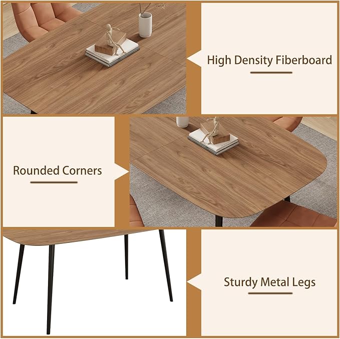 55.1'' Dining Table Set for 4,Modern Wood Dining Table,Leather Dining Chairs 4,Table and Chairs Set of 4,Ideal for Kitchen Dining Room (Walnut Color Table + 4 U-Shaped White Chairs, 55.1")