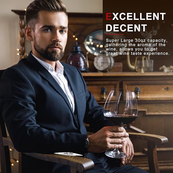 Super Large 30OZ Wine Glasses-Hand Blown Crystal Giant Wine Glasses, Big Burgundy Glasses Oversized, Red White Wine,Luxury, Elegant, Ideal Gift for Women,Men,Christmas,Anniversary,Birthday (Pack of 2)