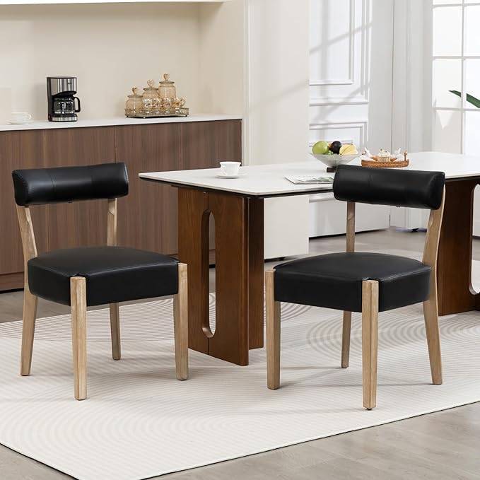 Modern Dining Chairs Set of 2 – Mid-Century Modern Faux Leather Upholstered Kitchen & Dining Room Chairs with Curved Back, Oversized Rounded Seat, Sturdy Wood Frame, Black