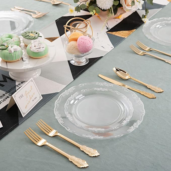 U-QE 100 Pieces Clear Plastic Plates - Clear Disposable Plates - Premium Hard Plastic Plates for Party, Holiday and Party Use Including 50 Dinner 10 '' & 50 Dessert Platos 7.5 ''