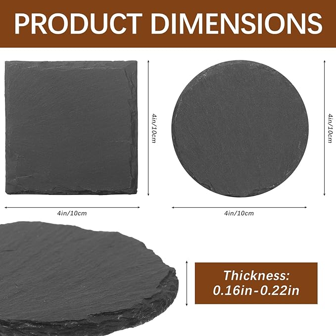 24pcs Slate Coasters, Black 4 Inch Bulk Blank Rock Coasters Blank Laser Engraving, Hand Painted DIY, Scratch Resistant Bottom (12*Square+12*Round)