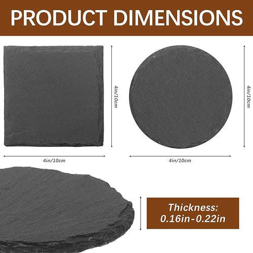 12pcs Slate Coasters, Black 4 Inch Bulk Blank Rock Coasters Blank Laser Engraving, Hand Painted DIY, Scratch Resistant Bottom (6*Square+6*Round)