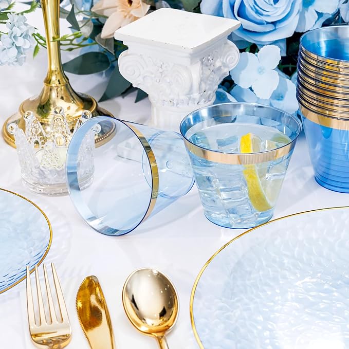 Rubtlamp 350 Pcs Clear Blue Plastic Plates, Blue Gold Plastic Dinnerware Set (50 Guests), Blue Disposable Plates With Gold Rim, Hammered Party Plates Set for Wedding And Party