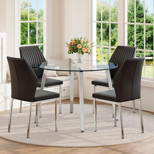 42" Round Glass Dining Table Set for 4,Modern Breakfast Table Set for 4 with Silver Chrome Legs,Space Saving Kitchen Table and Black Chairs for Apartment,Easy Assembly