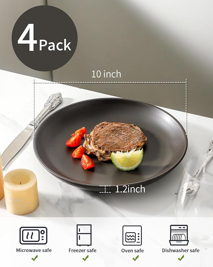 Dinner Plates Set of 4, 10 Inch Ceramic Plates - Stoneware Dinnerware Set for Pancakes, Scratch Resistant Black Plates, Microwave Oven and Dishwasher Safe for Steak, Noodle, Kitchen