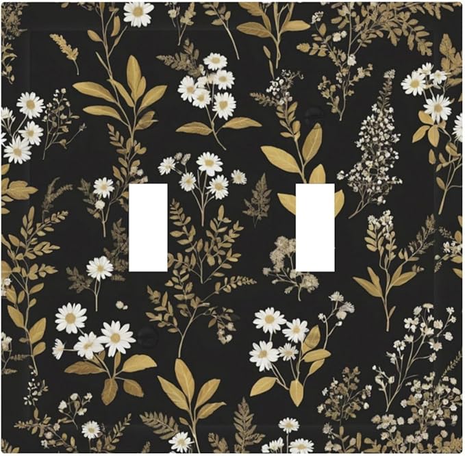 Decorative Light Switch Cover Black/Gold Boho Botanical Floral Rustic Flowers 2 Gang Wall Plate Double Toggle Switch Plate Receptacle Electrical Outlet Cover Switchplate for Bathroom Kitchen（2 Pack）