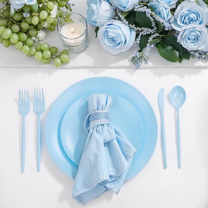 EI 150pcs Blue Plastic Plates Disposable Light Blue Baby Shower Plates Heavy Duty Dinnerware Set Plastic Silverware for Party,Wedding,Easter,Spring Afternoon Tea
