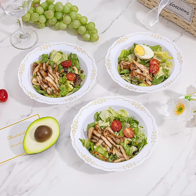 DaYammi 30 Pack Plastic Bowls with Gold Rim, 12oz Disposable Soup Bowls, Gold Bowls Disposable Heavy Duty Dinner Bowl for Wedding, Serving bowls for Party, Dinners, Catering and Everyday Use