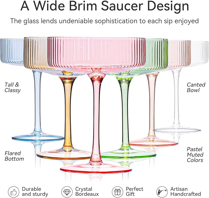 Colored Coupe Glasses Set of 6 Vintage Art Deco Colorful Champagne Coupe glasses 9 oz,Ribbed Martini Cocktail Glasses|Colored Cocktail Glasses Set for Espresso,Martini,Champagne
