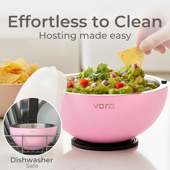 Vora 35oz Dip Chiller Bowl with Lid | 2 Pack Pink Stainless Steel Chilled Serving Bowl Keep Dips, Salads, and Appetizers Perfectly Cold with Leak-Resistant Ice Bowl for Effortless Hosting